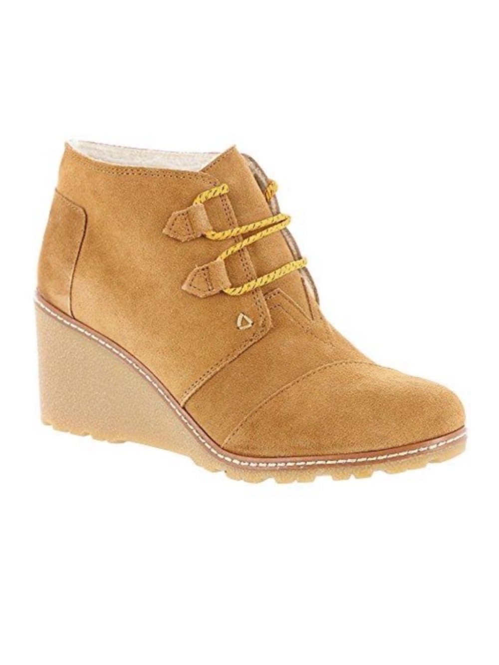 TOMS Women’s Tan Wheat Shearling Lined Lace Up Wedge Booties Sz 7